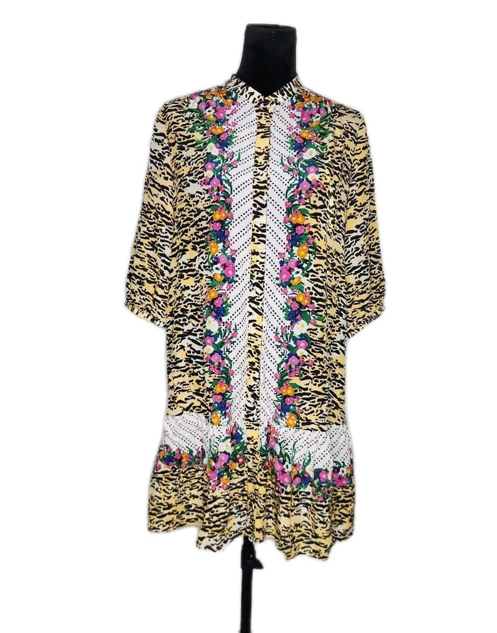 Saloni Tyra Tiger Rosette Silk Multicolor Animal Print Floral Shirt Dress Sz 6